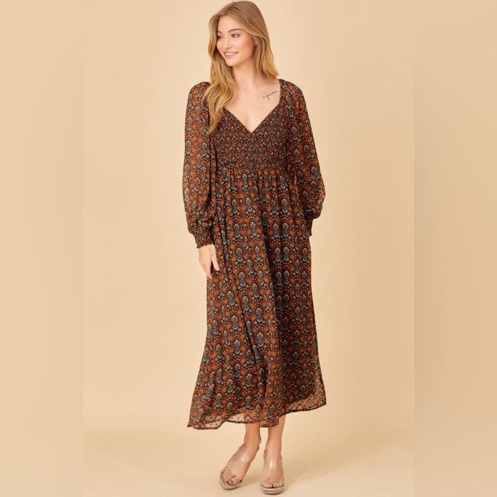Bohemian Brown Floral Maxi Dress with Long Sleeves